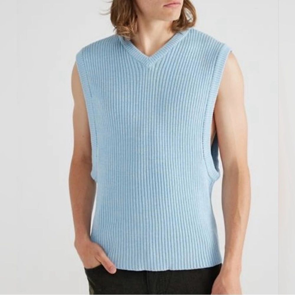 Urban Outfitters Mens Light Blue Ribbed Knit V-Neck Sweater Vest‎ XL